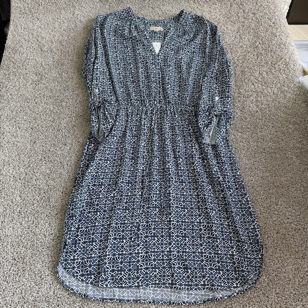 LOFT Outlet Shirt Dress Womens M Blue Geometric 3/4 Sleeve V-Neck Knee Length